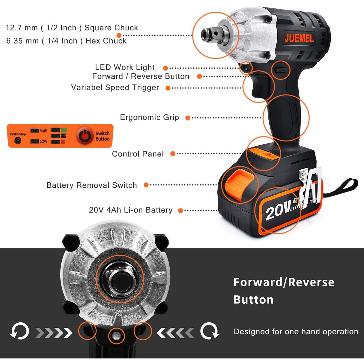 Cordless Impact Wrench Juemel 20V Impact Driver 4.0Ah Lithium Battery