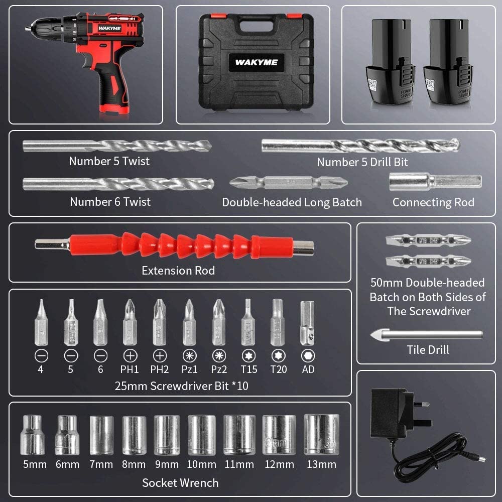 WAKYME W43Y 12.6V Cordless Drill Driver and Accessories