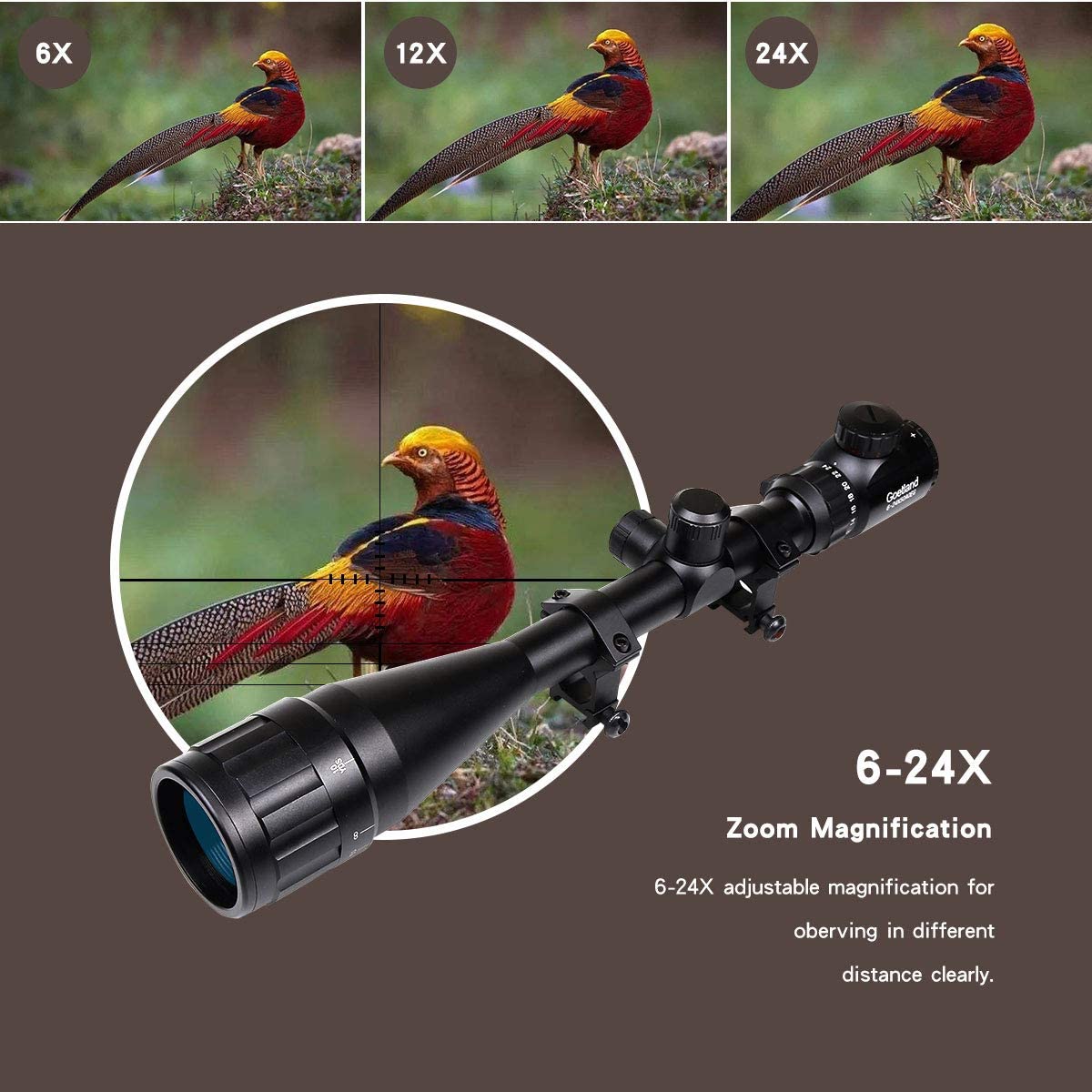 Goetland 6-24x50 AOEG Rifle Scope Red & Green Rangefinder Mil-Dot Illuminated Tactical Hunting with Mounts