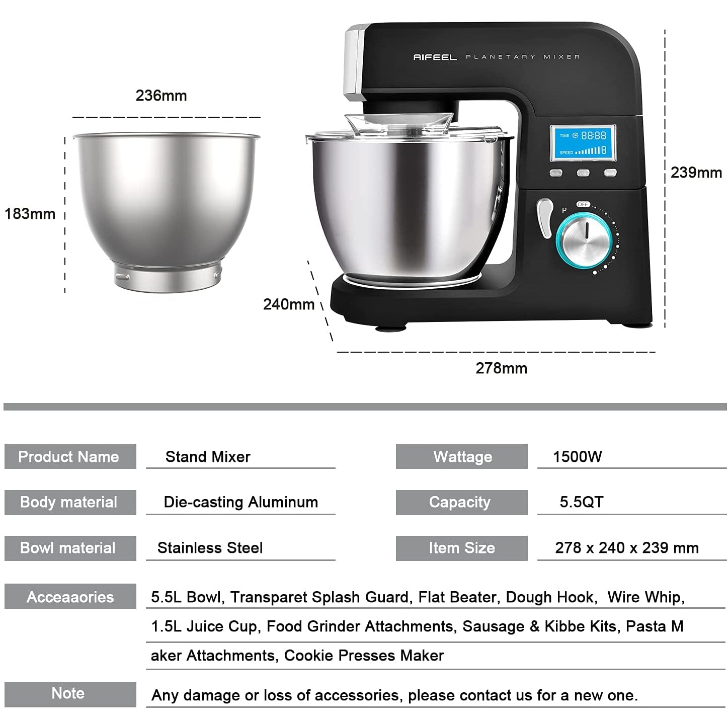 Stand Mixer for Baking, AIFEEL 9 in 1 High-end Metal Multifunctional Kitchen Mixer, 1500W 5.5L Dough Cake Mixer