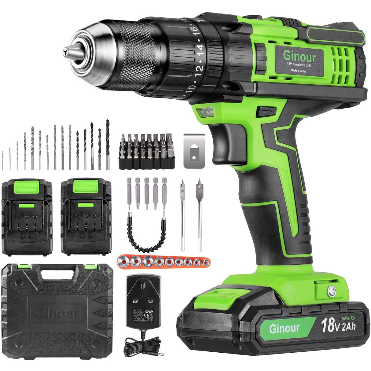 Ginour 18V Combi Drill, Hammer Drill,20+3 Torque,66 Accessories, 2Pcs 2000mAh Lithium Batteries, 45N.m Electric Drill Screwdriver