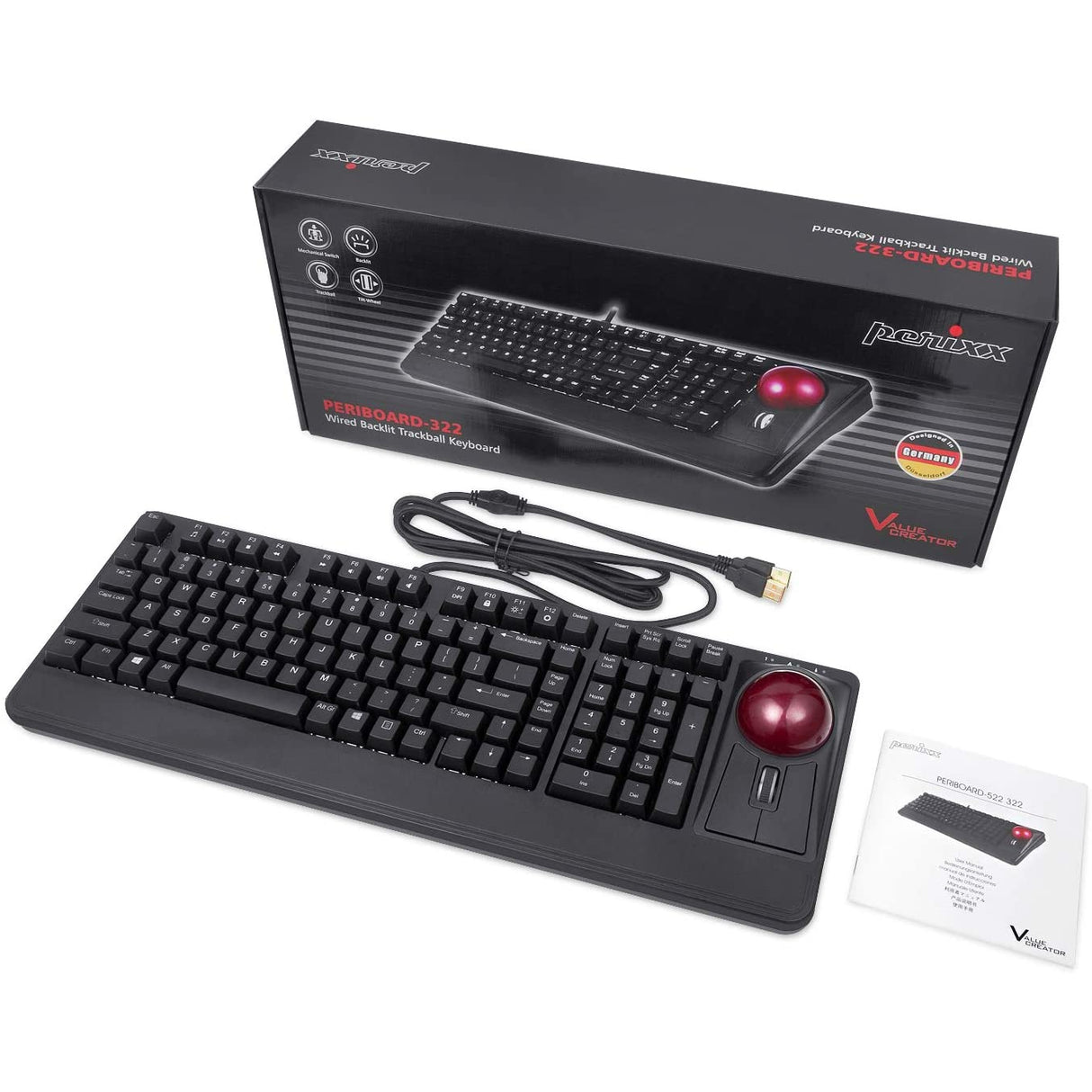 Perixx PERIBOARD-322 Large Trackball Mechanical Keyboard RGB Backlit, US English Layout