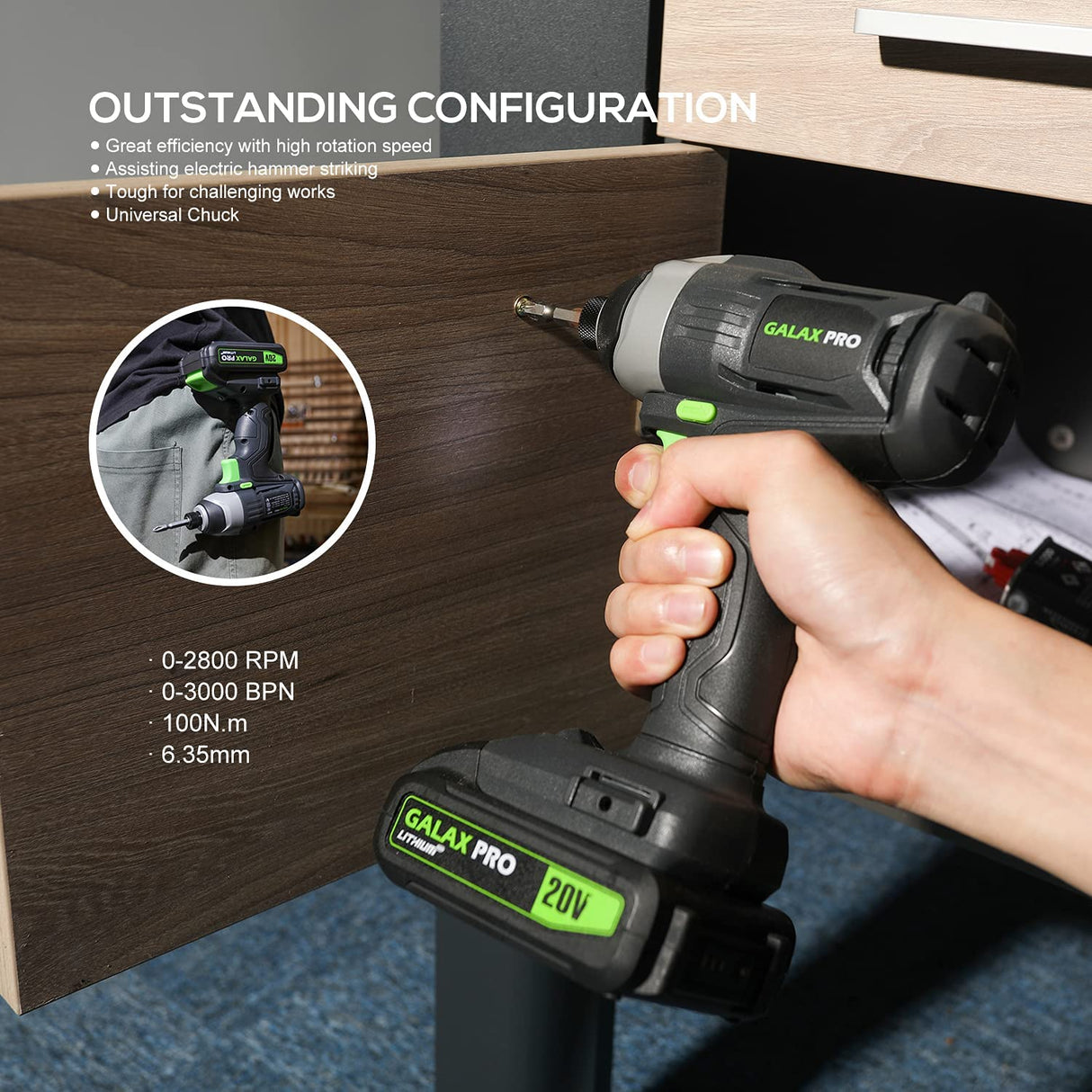Galax Pro 95307 20V Lithium Ion 1/4" Hex Cordless Impact Driver, Variable Speed (0-2800RPM)