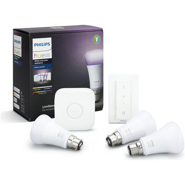 Philips Hue White and Colour Ambiance Wireless Lighting LED Starter Kit with 3 Bulbs, 10W B22 Bayonet Cap