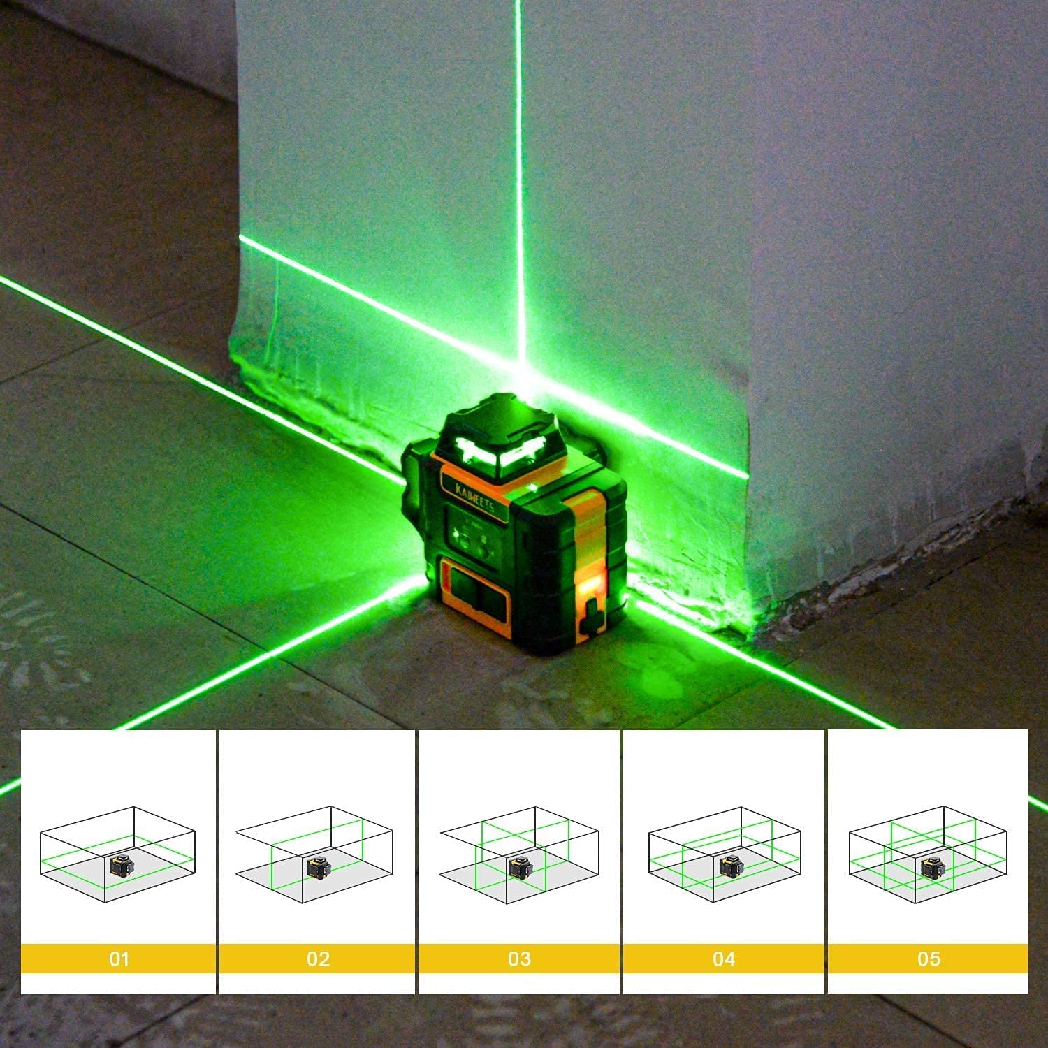 Kaiweets KT360A Laser Level Green, 3X360° Laser Level, 3D Lines Laser 30M (Up to 60M with Detector) with Self-Levelling Mode