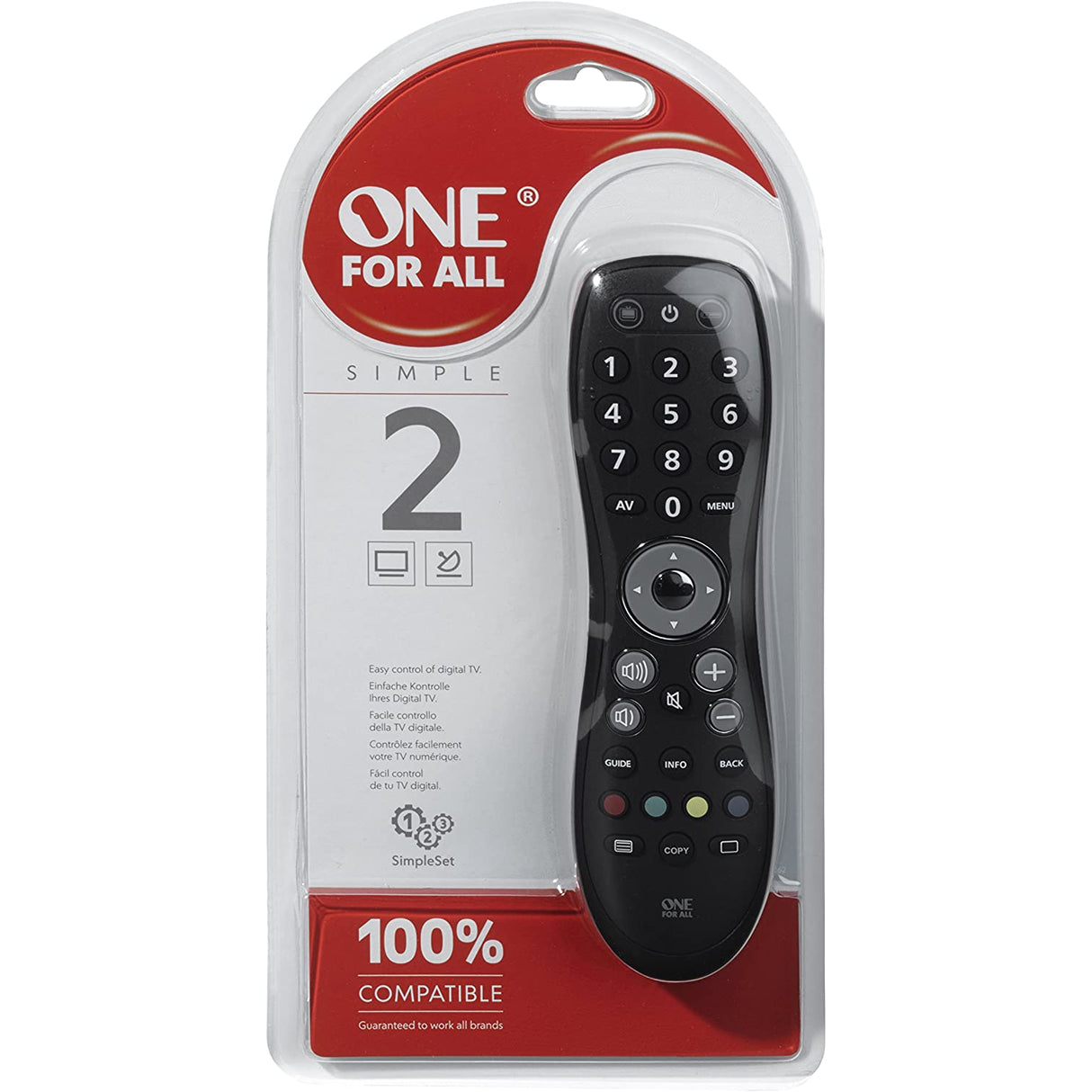 One For All Simple 2 Universal remote control - Perfect replacement remote for 2 devices: TV and STB - Black