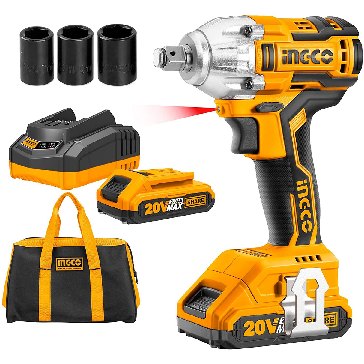 Ingco 20V Brushless Lithium-Ion Impact Wrench with 2 PCS 2.0Ah Batteries, Charger, 3pcs Sockets, 1/2 Inch, 300NM CIWLI20013