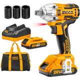 Ingco 20V Brushless Lithium-Ion Impact Wrench with 2 PCS 2.0Ah Batteries, Charger, 3pcs Sockets, 1/2 Inch, 300NM CIWLI20013