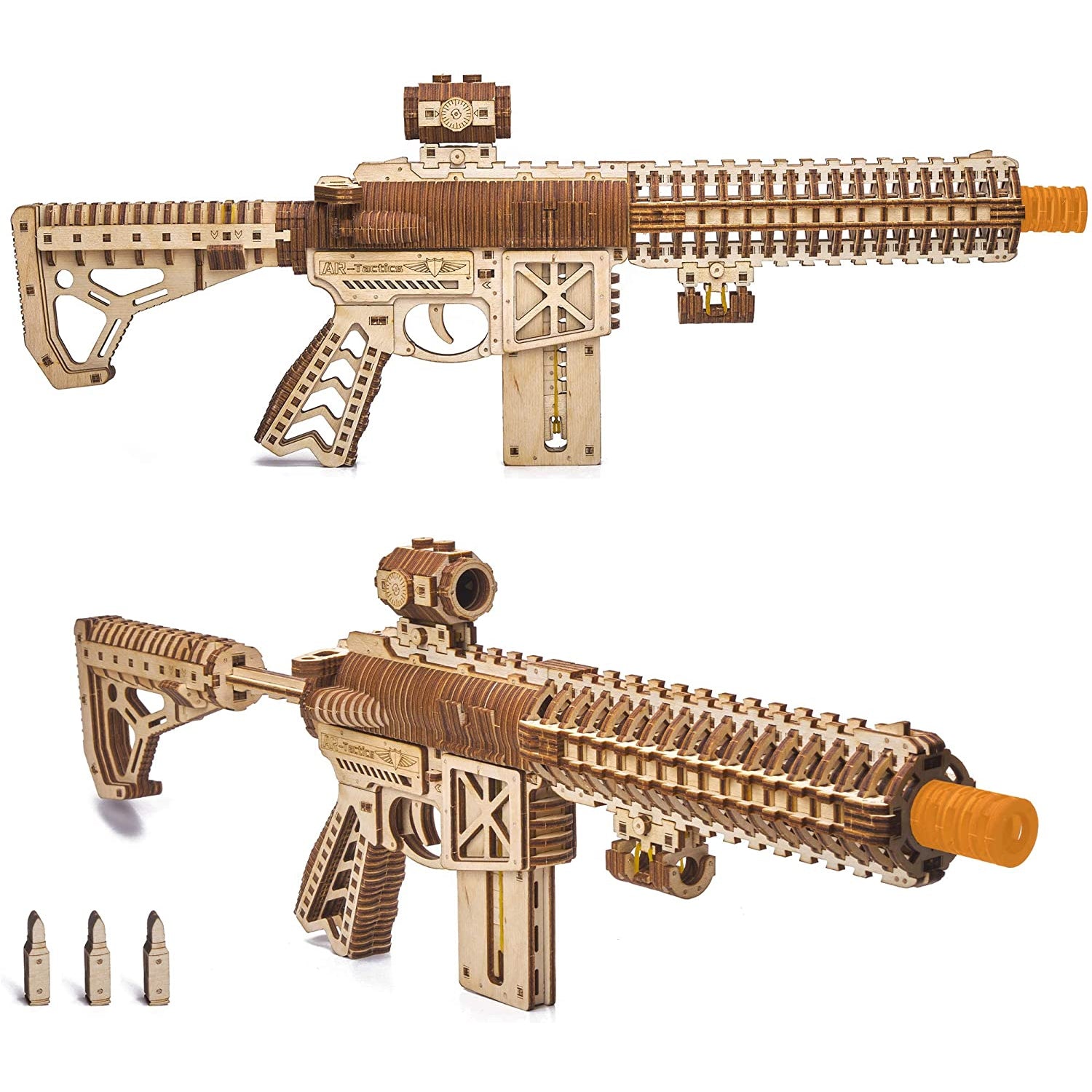 Wood Trick Assault Gun AR-T Model Kit with Telescoping Butt, Fuse, Sight and Clip for 12 Rounds