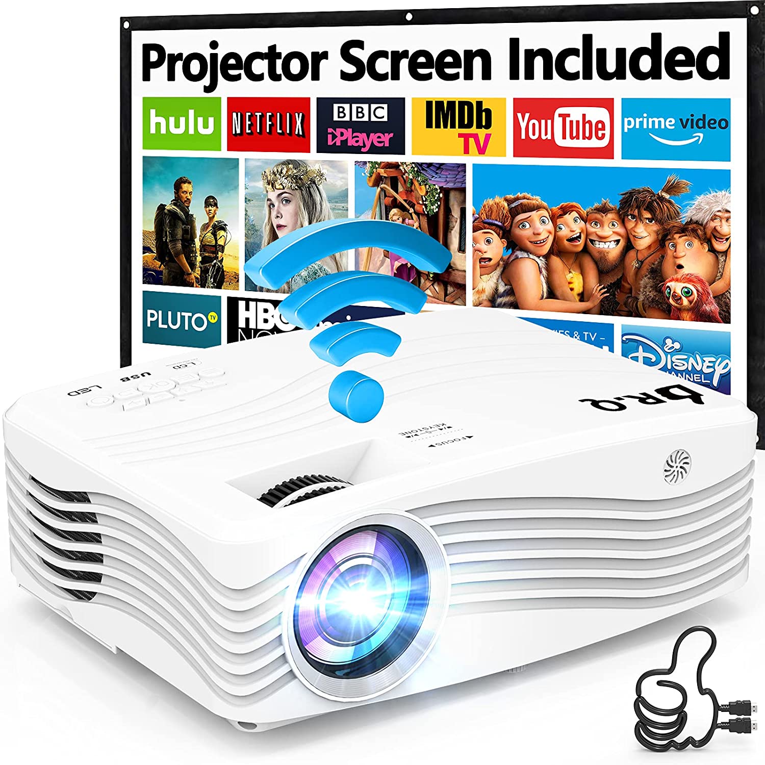 DR. Q Projector 1080p with 120″ Projector Screen