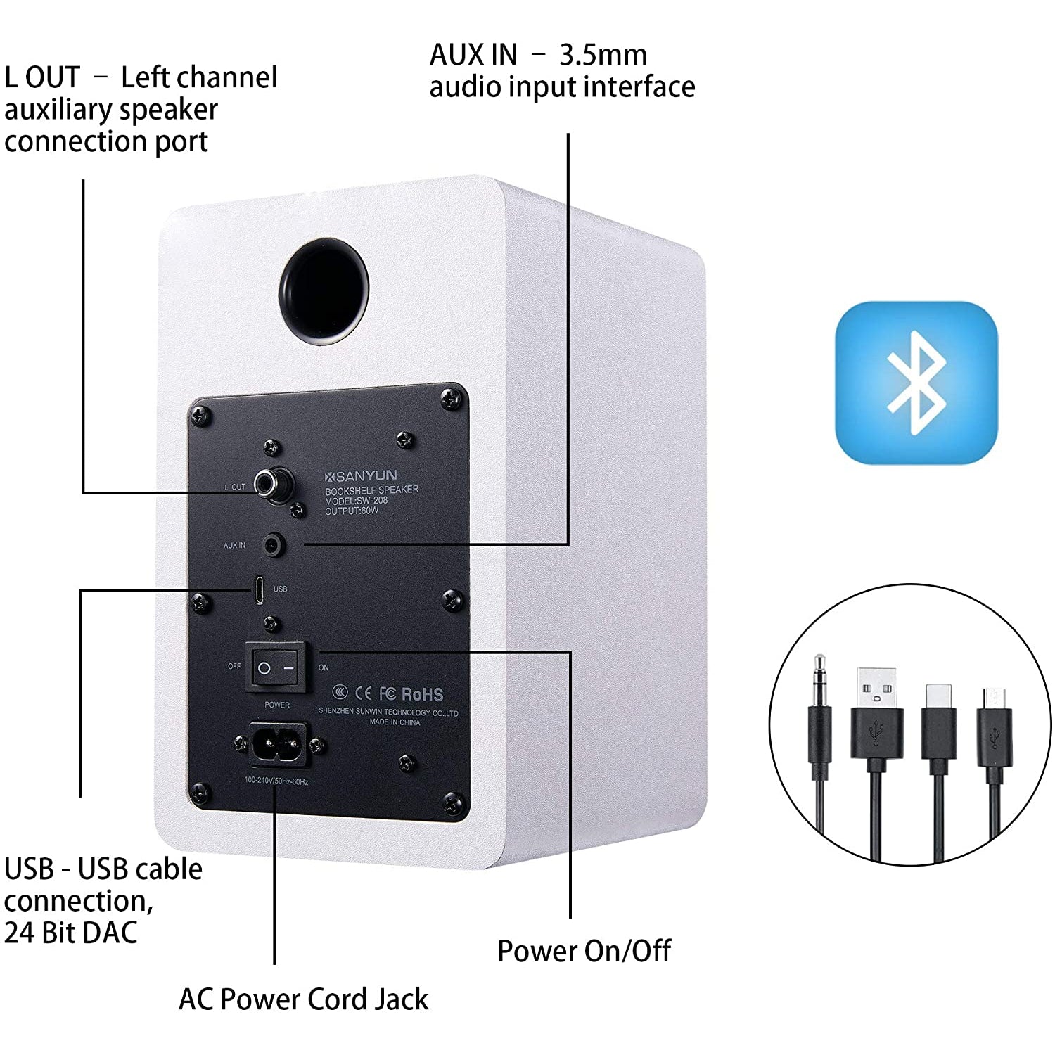 Sanyun SW208 3" Active Bluetooth Bookshelf Speakers - 60W Carbon Fiber Speaker Unit