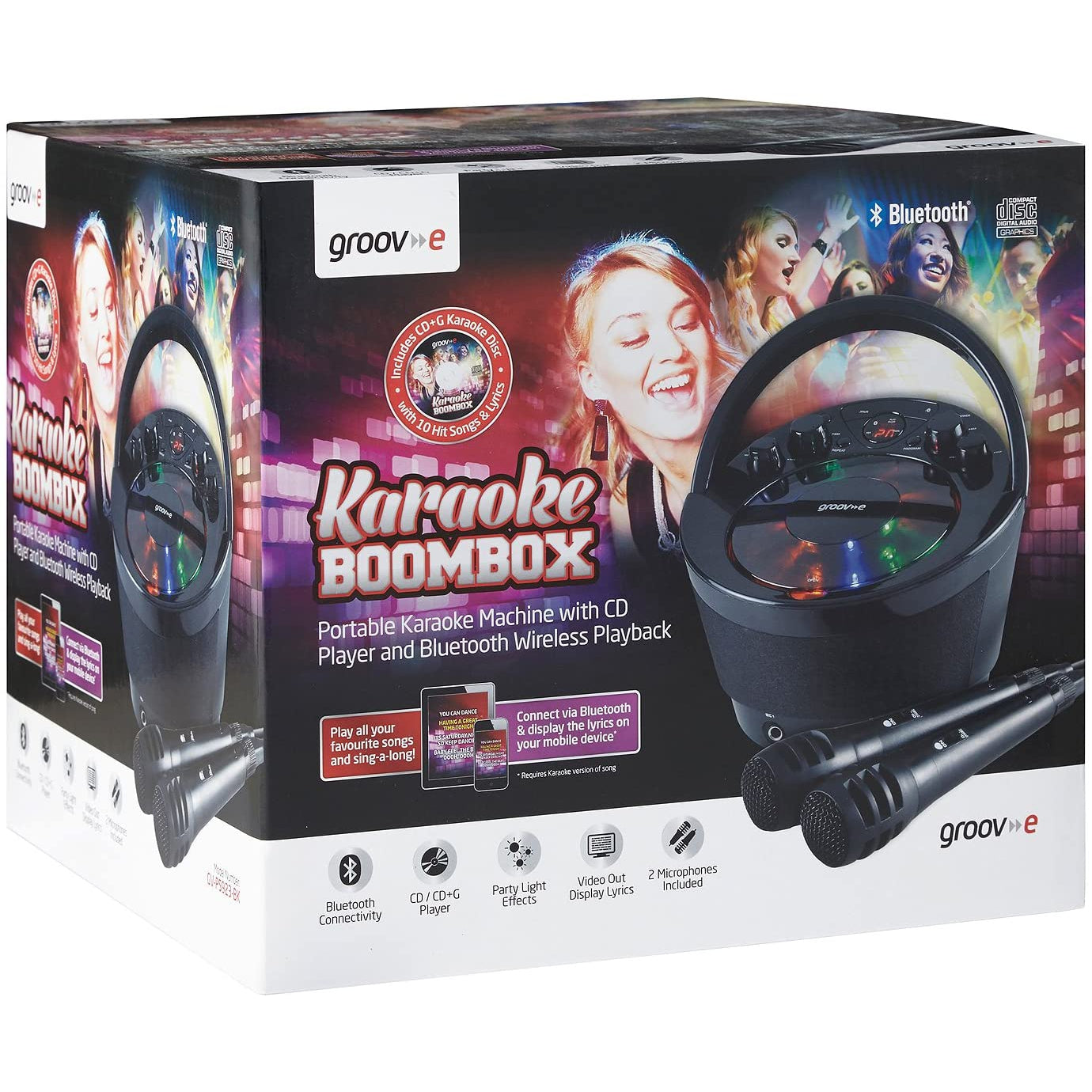 Groov-e GV-PS923 Portable Party Karaoke Boombox Machine with CD Player