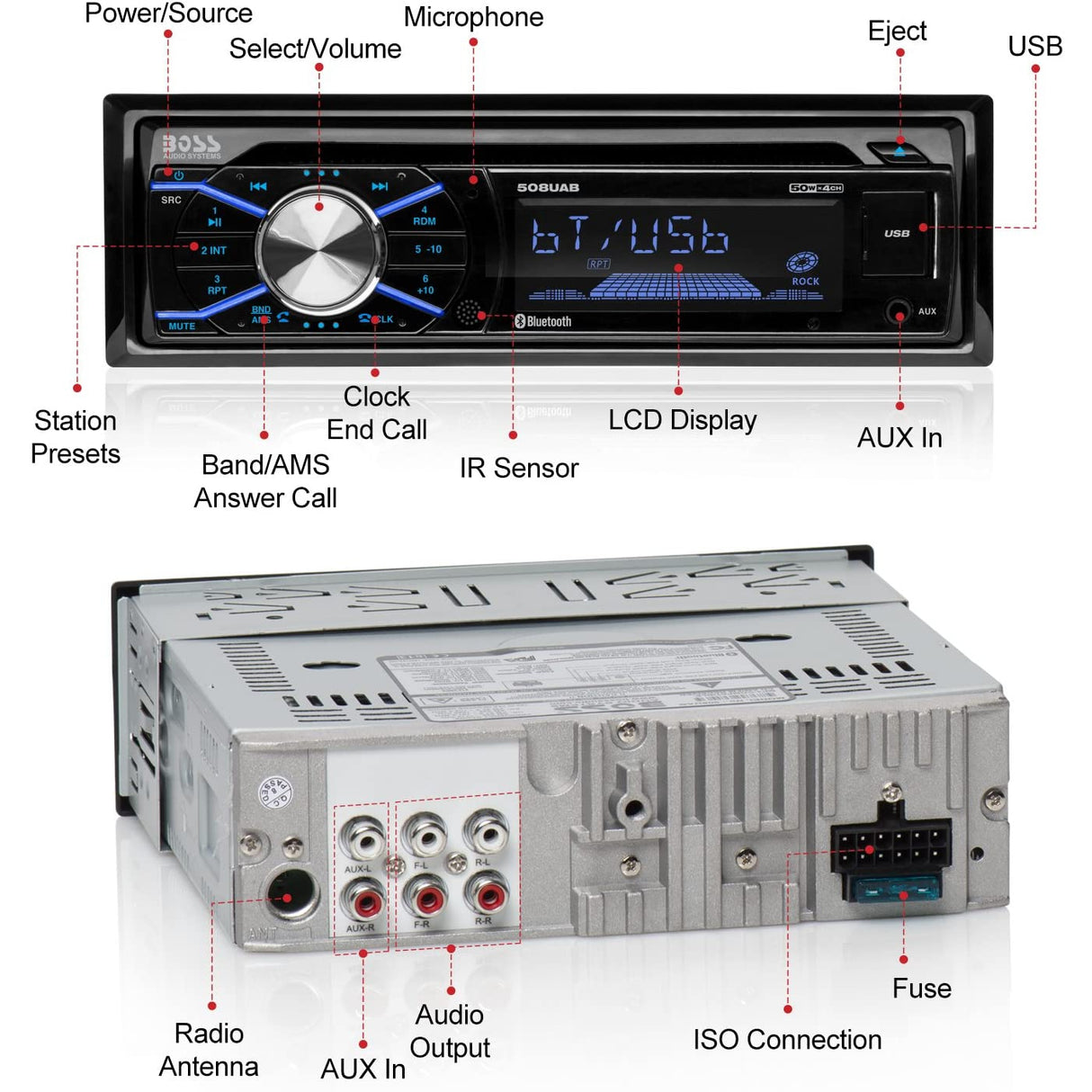 Boss Audio Systems 508UAB Multimedia Car Stereo - Single Din, Bluetooth Audio Hands-Free Calling, Built-in Microphone, CD MP3 USB AUX Input