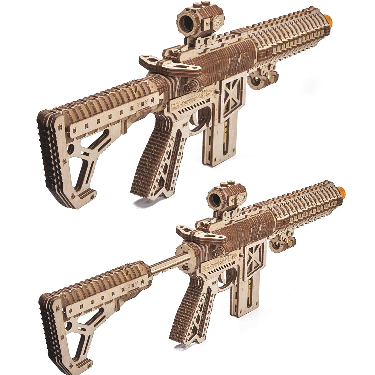 Wood Trick Assault Gun AR-T Model Kit with Telescoping Butt, Fuse, Sight and Clip for 12 Rounds
