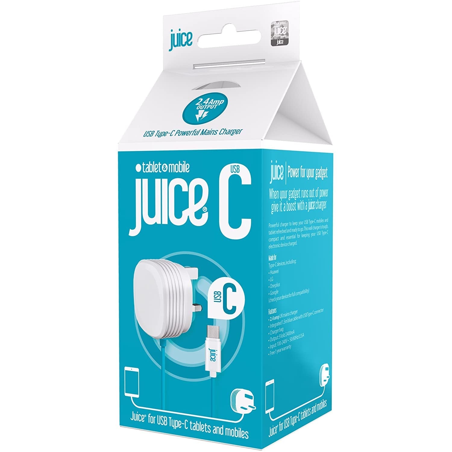 Juice USB Type-C Powerful Mains Charger 2.4 AMP - White - Refurbished Pristine