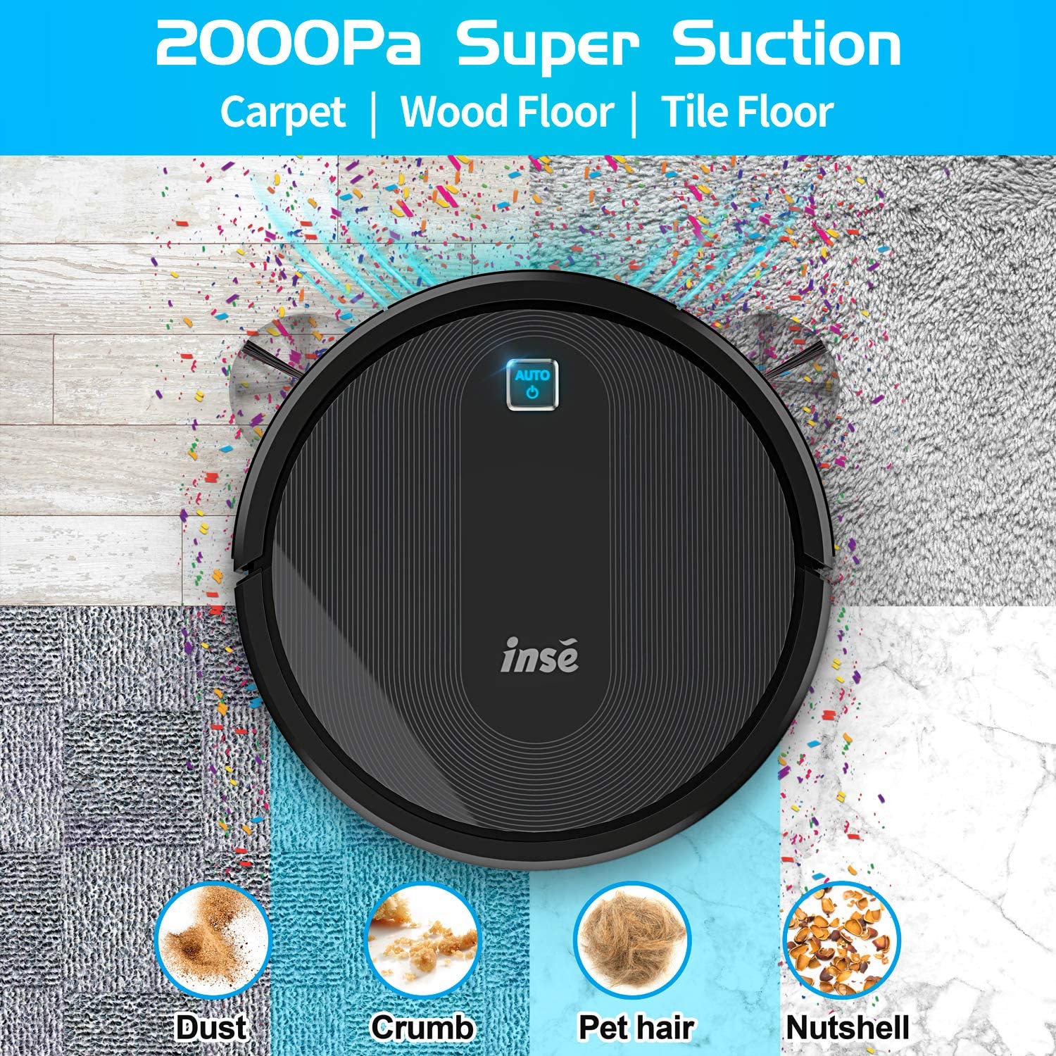 INSE Robot Vacuum Cleaner, 2000Pa Strong Suction, 2.7in Thin, Anti-Drop, 120 Mins Runtime, Self-Charging