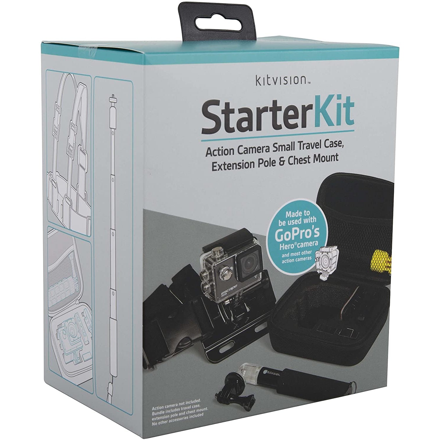 Kitvision Starter Kit Action Camera Small Travel Case Extension Pole & Chest Mount