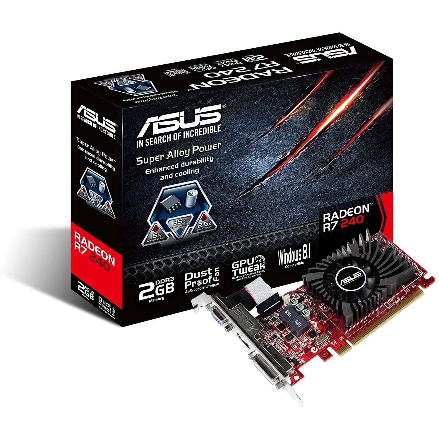 ASUS AMD Radeon R7 240 2 GB DDR3 Graphics Card (PCI Express 3.0, HDMI, DVI-D, 128-Bit, Dust-Proof Fan, GPU Tweak Utility)
