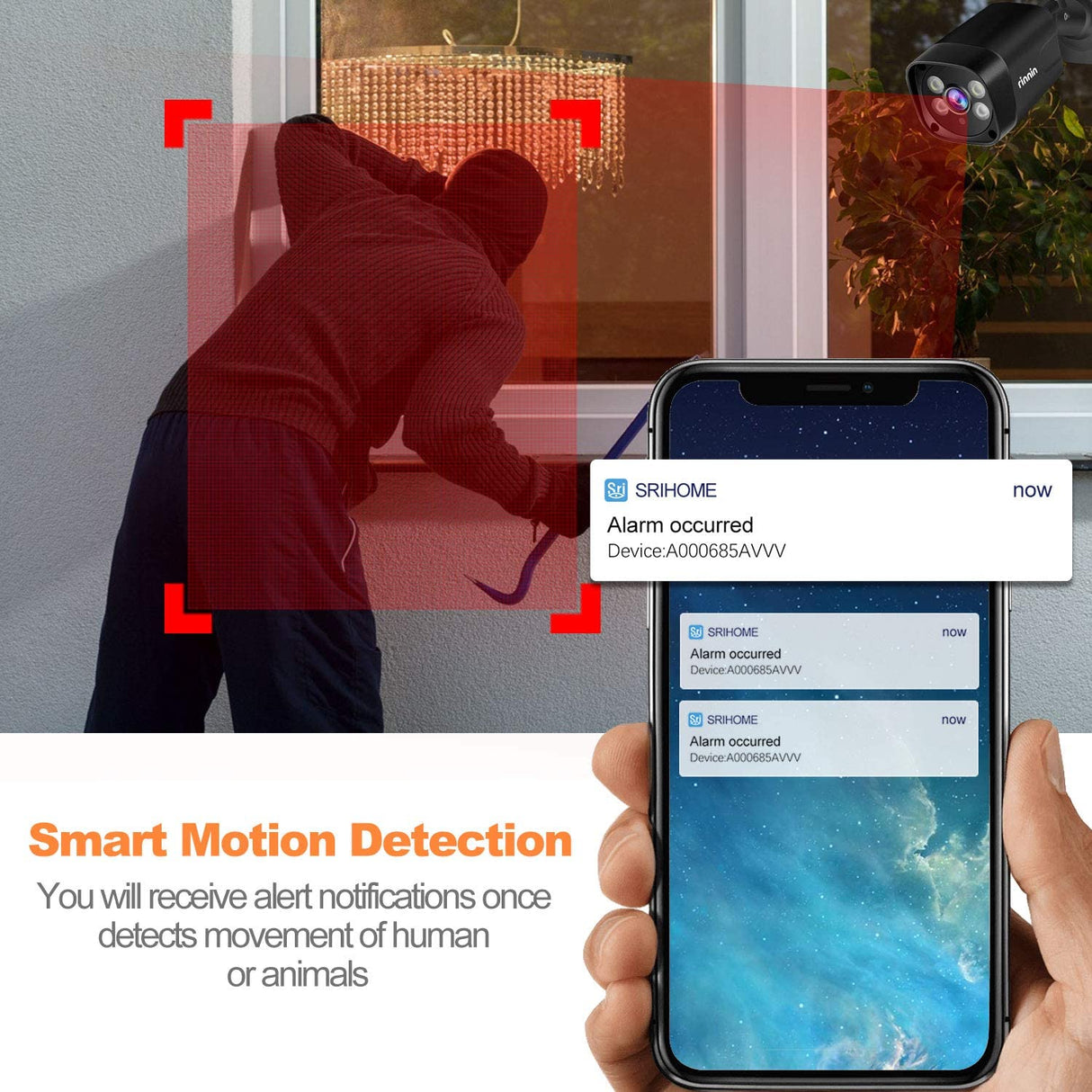 Rinnin 3MP/1296P Wired Outdoor Surveillance Camera with Floodlight, Colour Night Vision, Two-Way Audio, IP66 Waterproof & Motion Detection