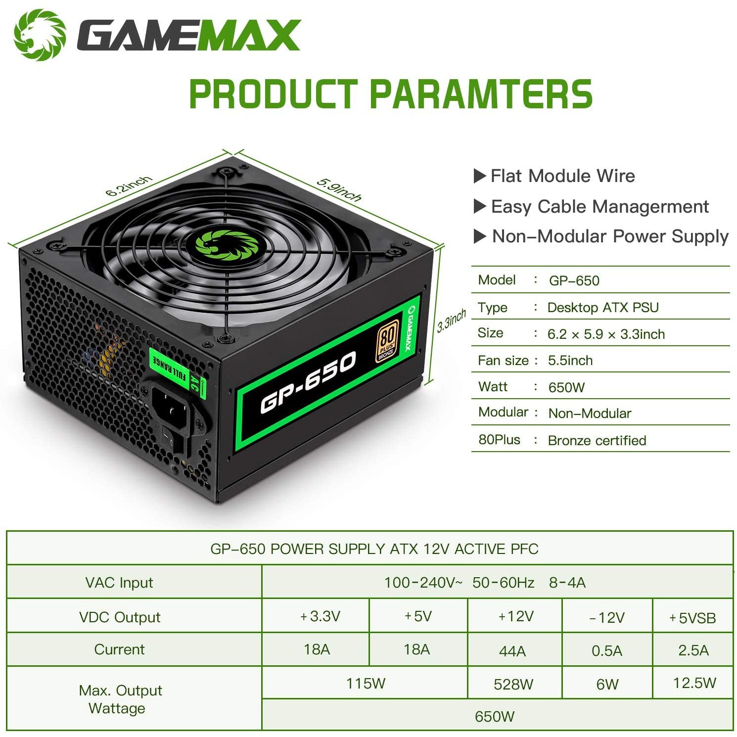 Game Max GP650 - ATX PSU 650W - WAPFC 80 Plus 14cm Fan Power Supply - Black - New