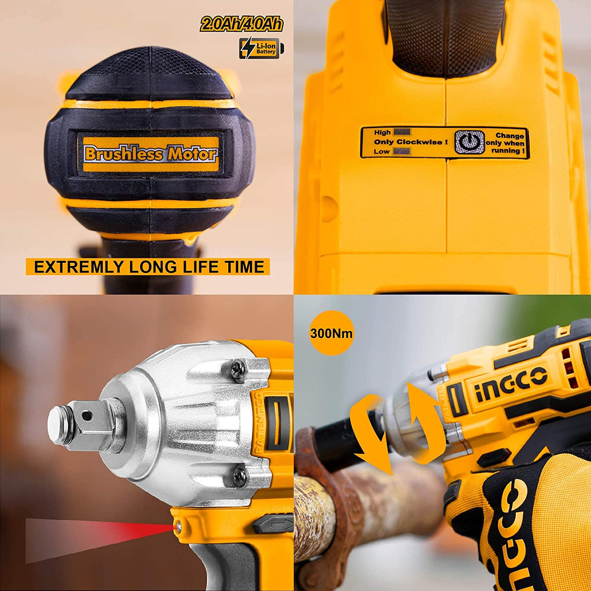 Ingco 20V Brushless Lithium-Ion Impact Wrench with 2 PCS 2.0Ah Batteries, Charger, 3pcs Sockets, 1/2 Inch, 300NM CIWLI20013