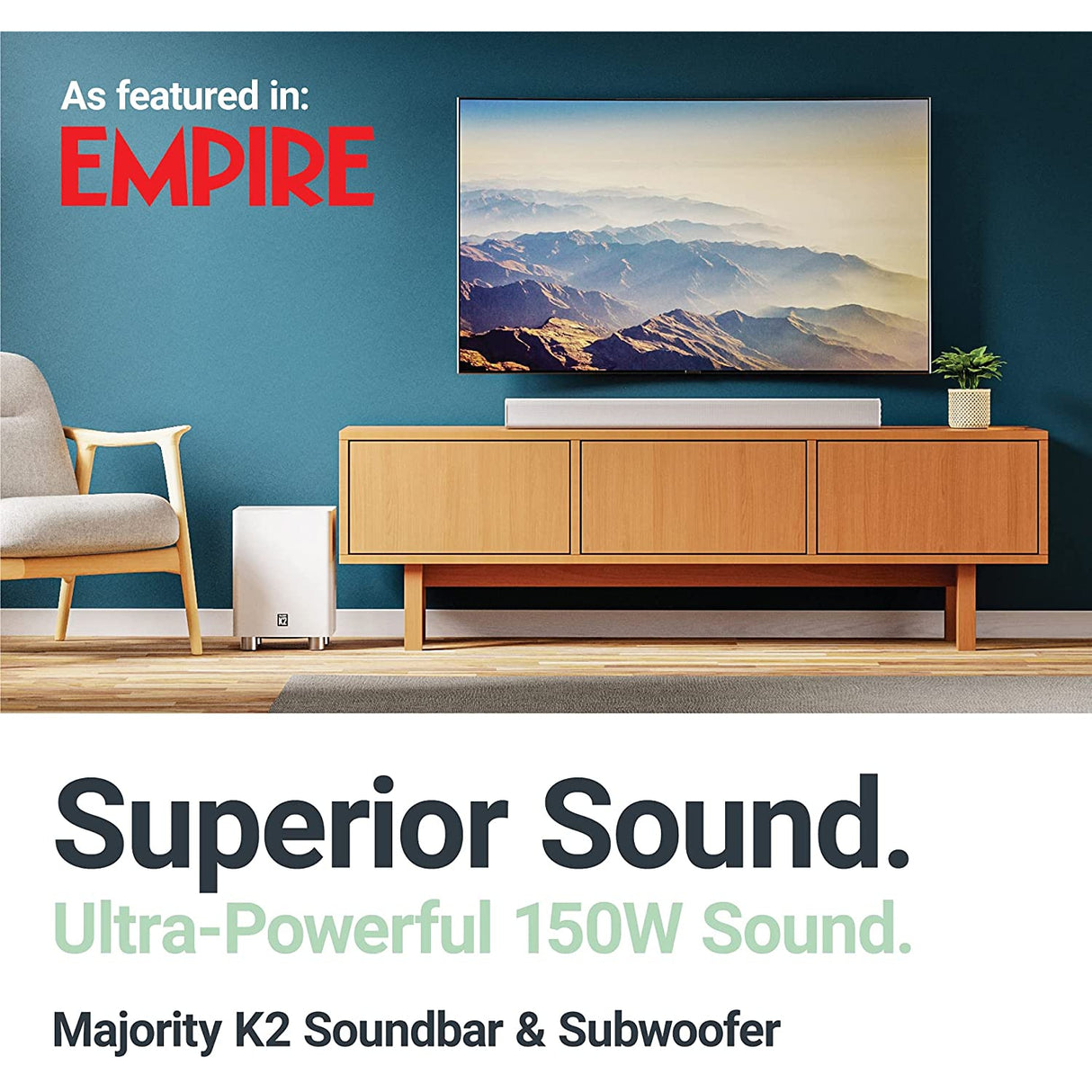 MAJORITY K2 Soundbar with Subwoofer | 150 WATT with 2.1 Surround Sound | HDMI ARC with multi-connection - White
