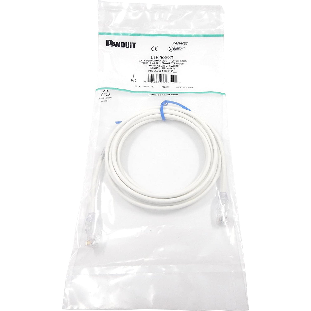 Panduit UTP28SP3M 28 AWG 4-Pair Stranded UTP Patch Cord, 3m, White