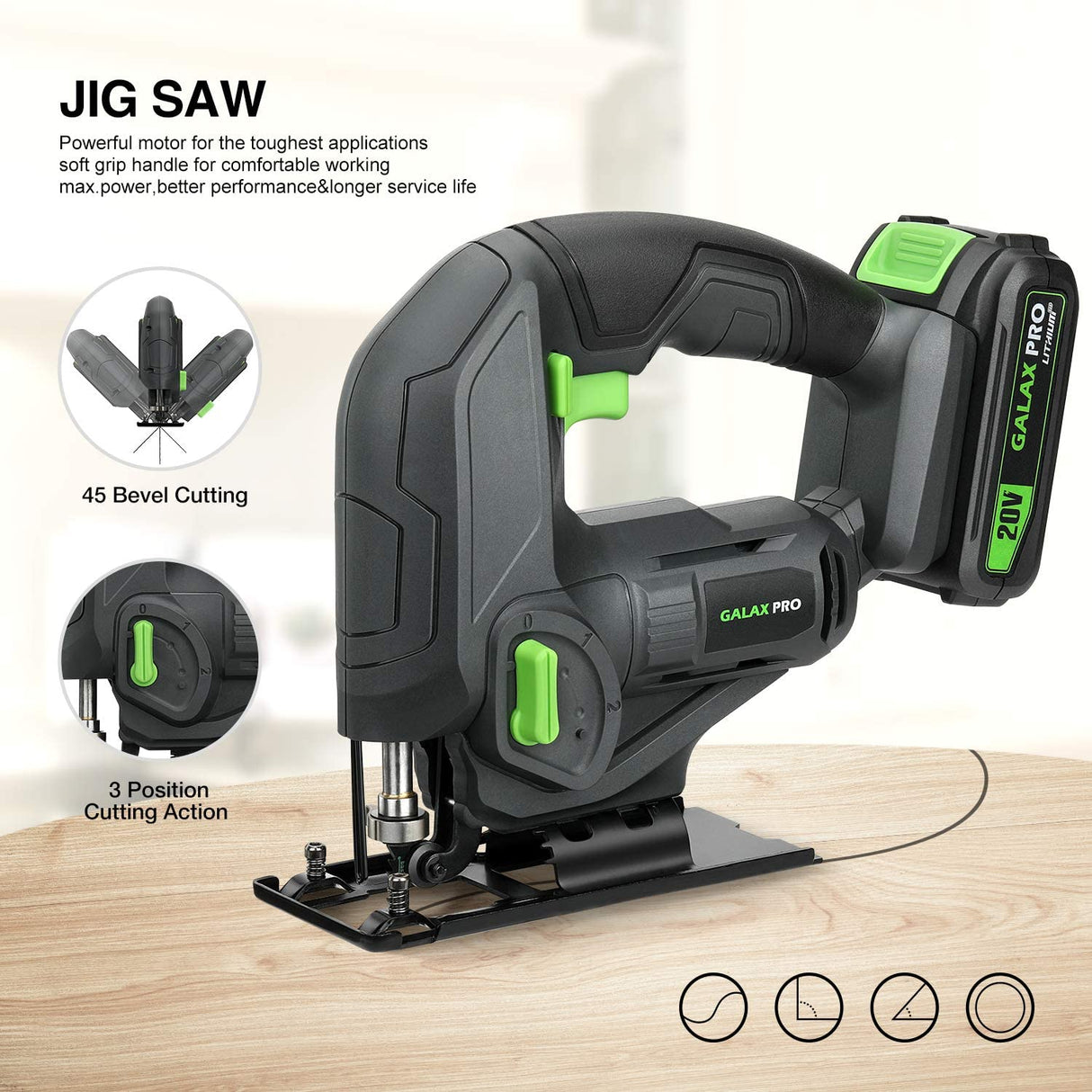 Galax Pro T0111 Cordless Power Tool Kit, 20N.m Single Speed Drill Driver 20V, Cordless Pendulum Jig Saw 0-2500SPM