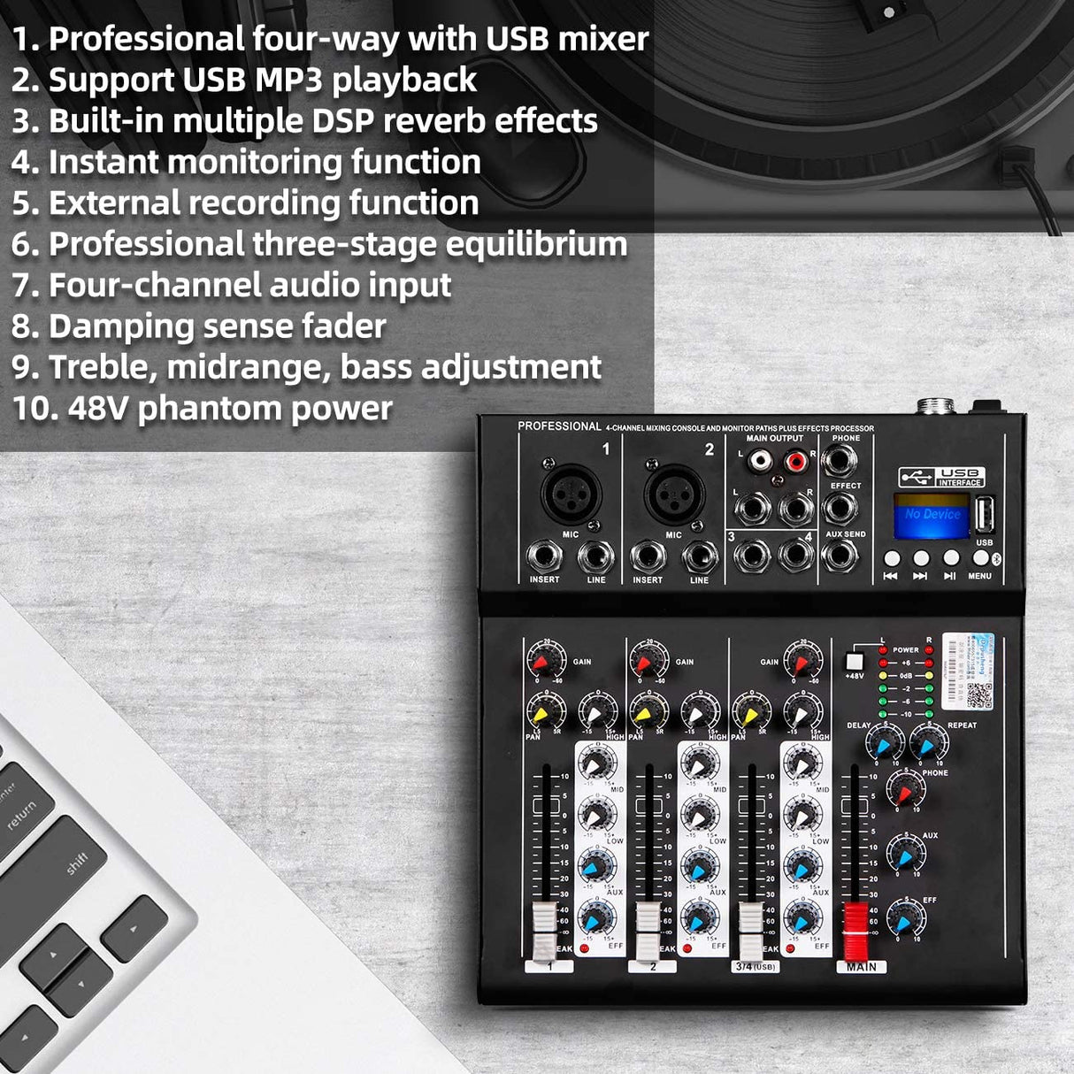 Depusheng HT4 Bluetooth Compatible Professional Portable Digital 4 Channel Mixer Audio Interface, Black