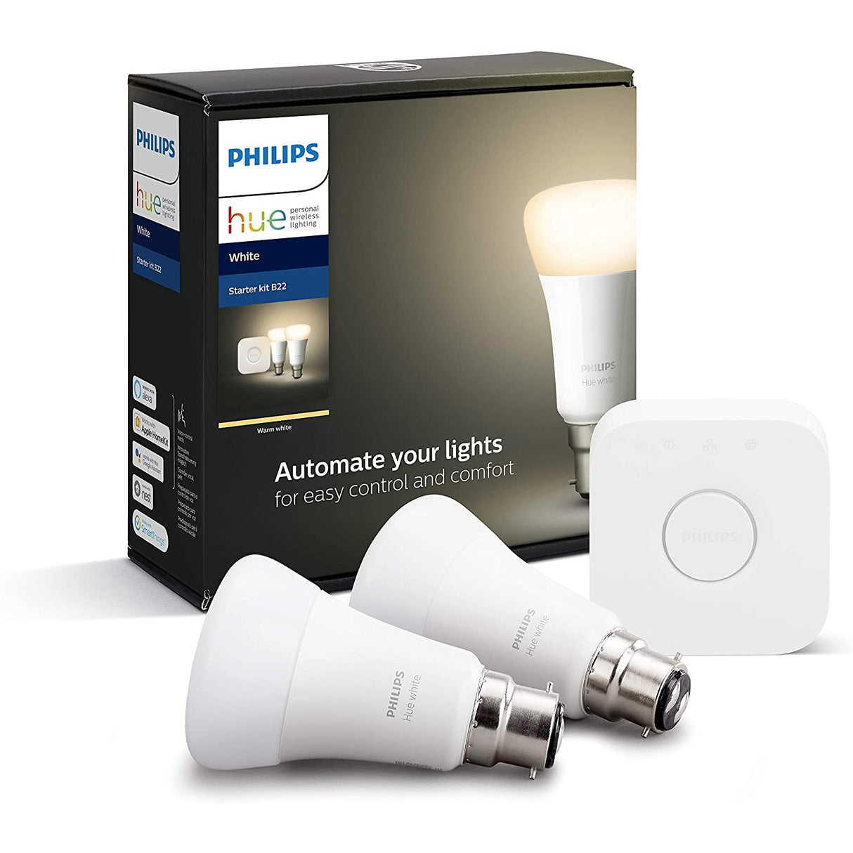Philips Hue White Starter Kit, Smart Bulb Twin Pack LED, B22 Bayonet Cap, Including Bridge
