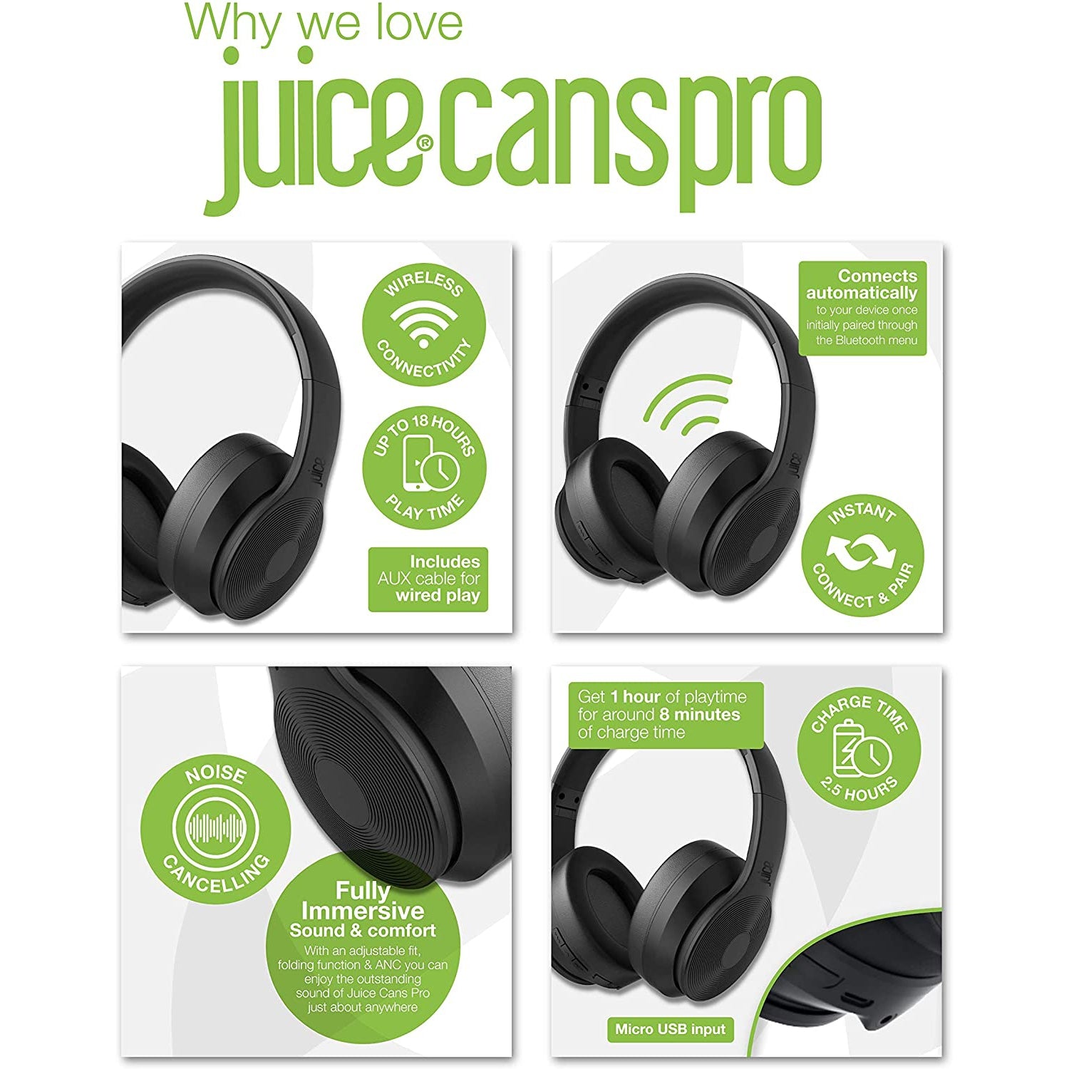 Juice Cans PRO, Active Noise Cancelling True Wireless On-Ear Headphones, Black