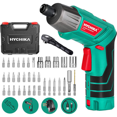 Hychika 3.6V 2.0Ah Electric Screwdriver Rechargeable Screw Gun & Bit Set, Front LED and Rear Flashlight, DC Charging with USB Cable