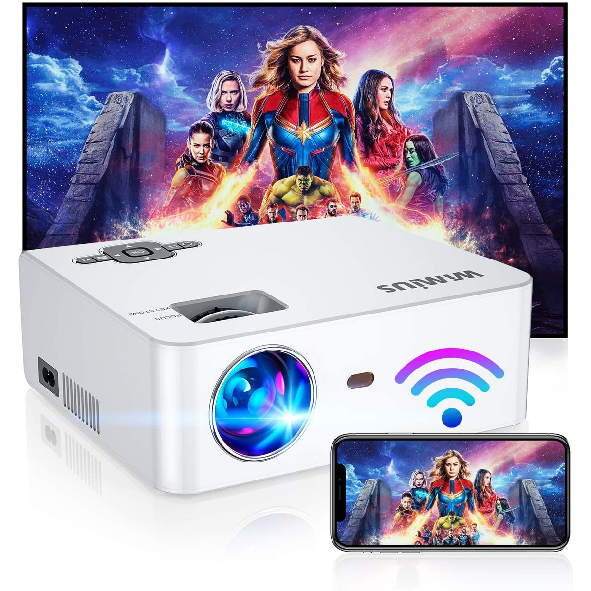 Wimius S2 WiFi Projector, 6200 Lumens Wireless Mirroring Portable Projector (White/Black)