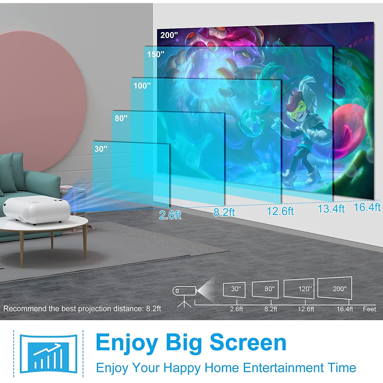 Bacar Smart LED Projector with Projector Screen