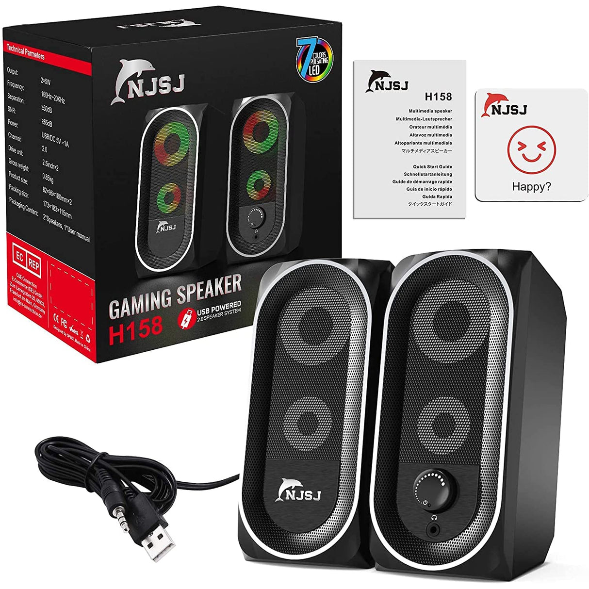 NJSJ Wired RGB Gaming Speakers for Desktop,10W USB Powered Stereo Sound, Connect via AUX 3.5mm Plug to Computer, Laptop, Monitor, TV