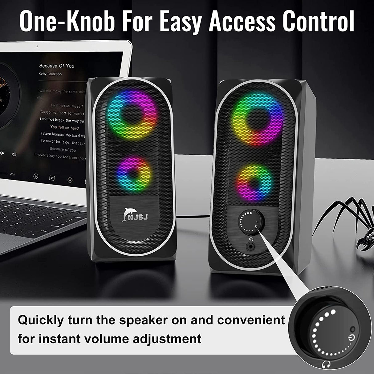 NJSJ Wired RGB Gaming Speakers for Desktop,10W USB Powered Stereo Sound, Connect via AUX 3.5mm Plug to Computer, Laptop, Monitor, TV