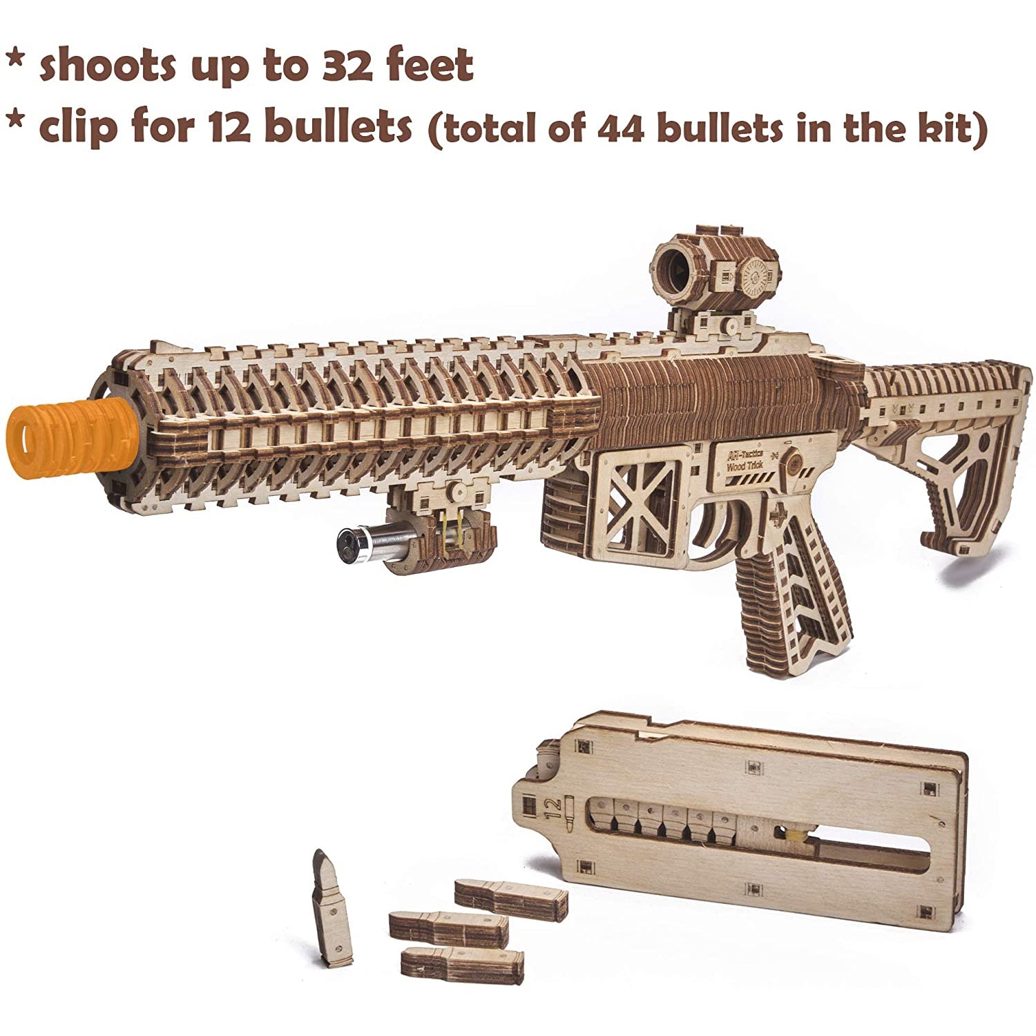 Wood Trick Assault Gun AR-T Model Kit with Telescoping Butt, Fuse, Sight and Clip for 12 Rounds