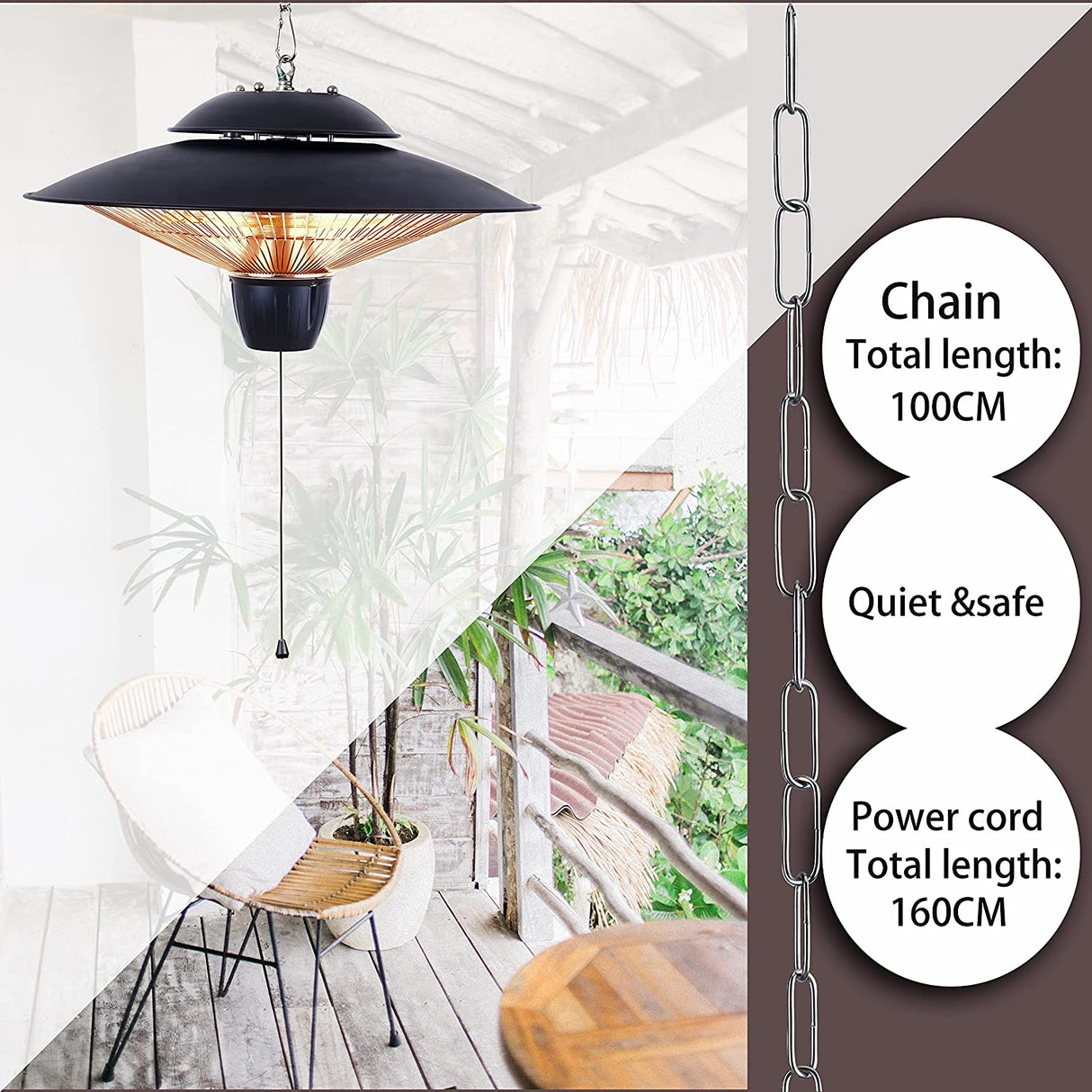Electric Hanging Patio Heater 2000W Ceiling Mounted for Indoor or Outdoor Use