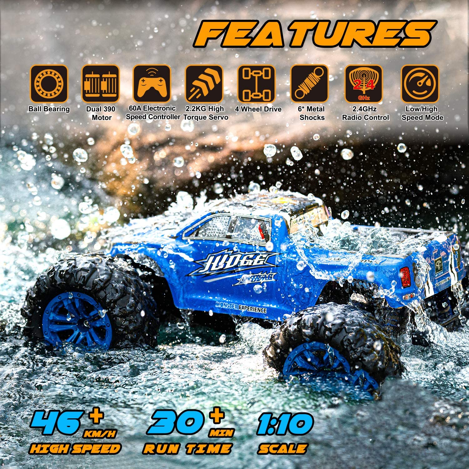 Soyee RC Cars 1:10 Scale RTR 46km/h High Speed Remote Control Car All Terrain Hobby Grade 4WD Off-Road Waterproof Monster Truck