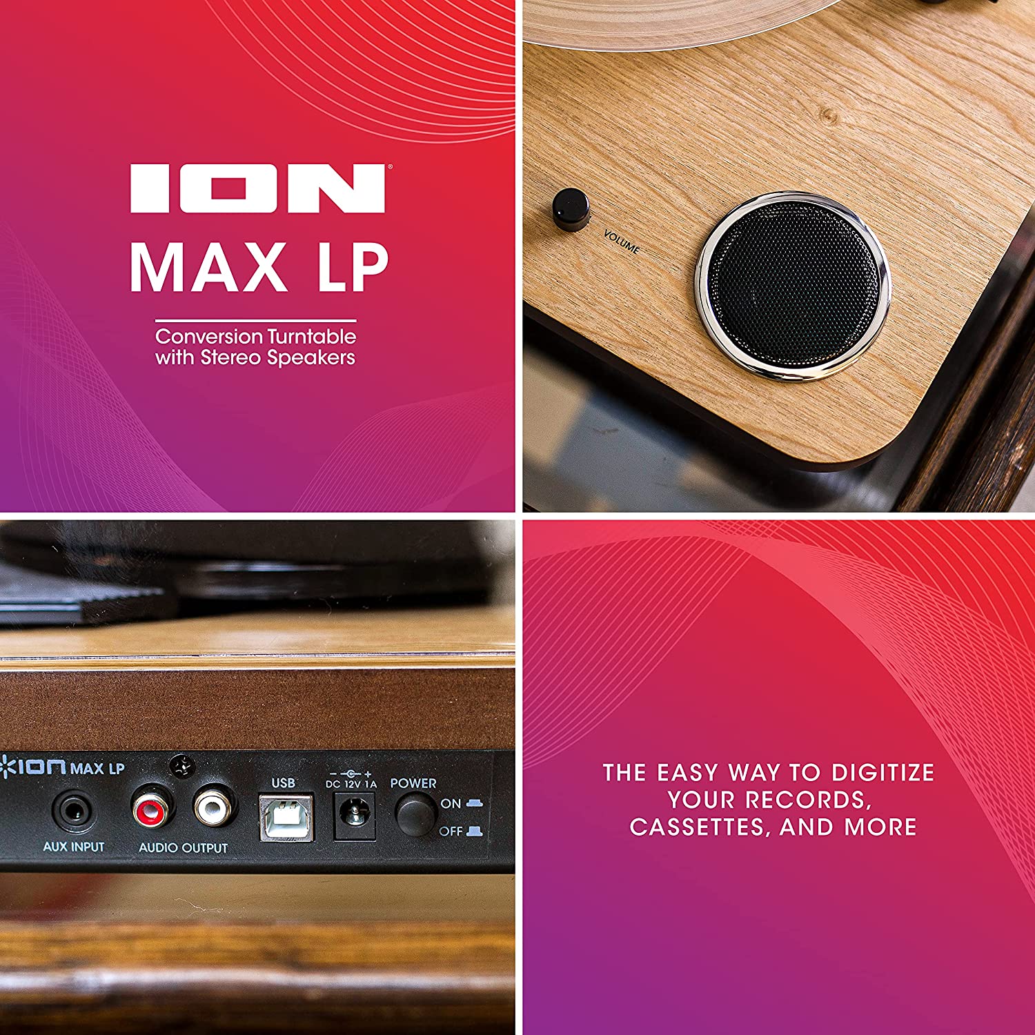 ION Audio Max Vinyl Record Player / Turntable with Built In Speakers - Wood