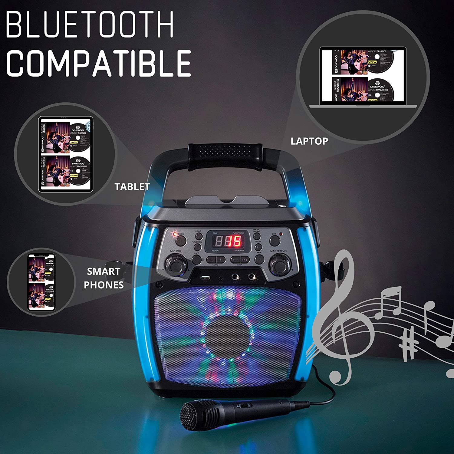 Daewoo Bluetooth Portable Karaoke Machine with 2 Wired Microphones