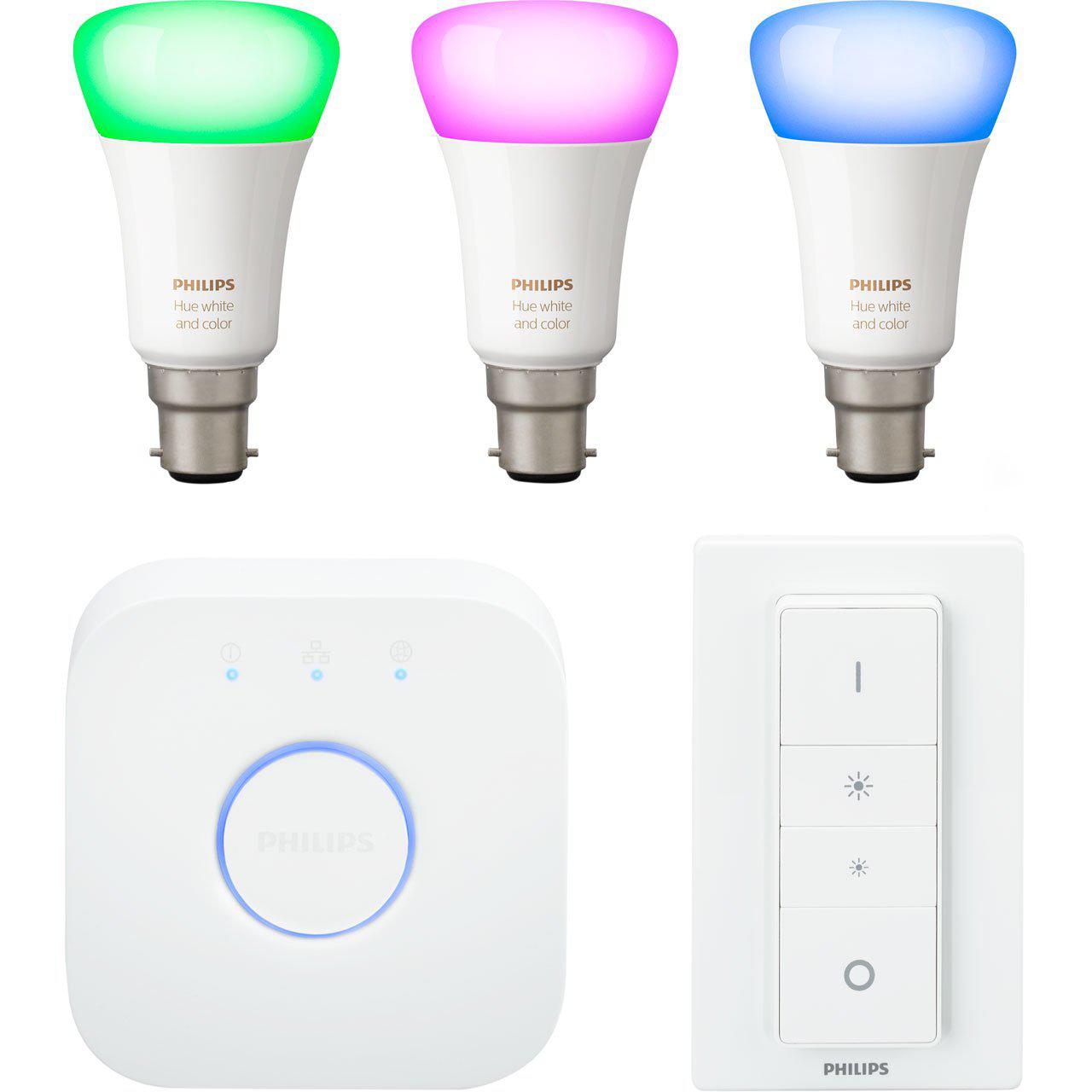 Philips Hue White and Colour Ambiance Wireless Lighting LED Starter Kit with 3 Bulbs, 10W B22 Bayonet Cap