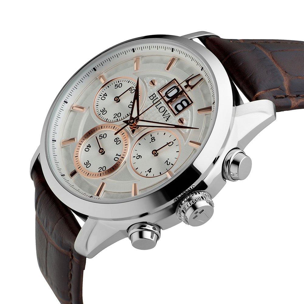 Bulova 96B309 Men's Sutton Date Chronograph Leather Strap Watch, Brown/Silver
