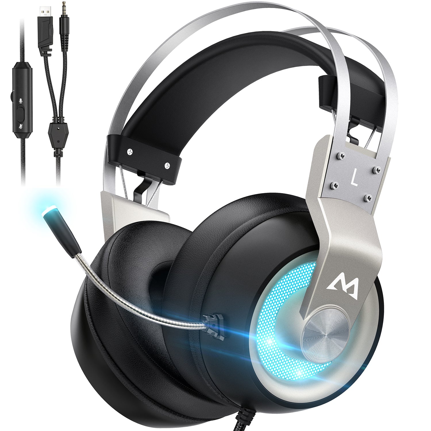Mpow EG3 Pro Gaming Headset USB Wired Headphones Stereo Mic, Black/Silver