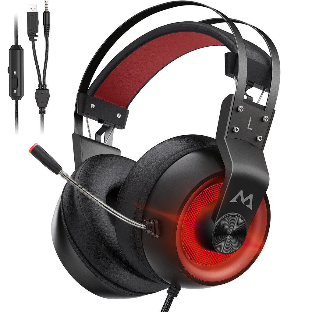 Mpow EG3 Pro Gaming Headset USB Wired Headphones Stereo Mic, Black/Red