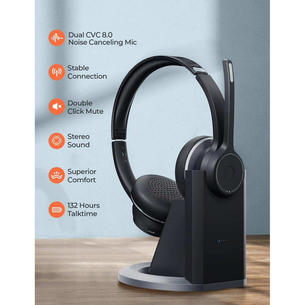 Mpow HC5 Pro Bluetooth Headset with Charging Stand