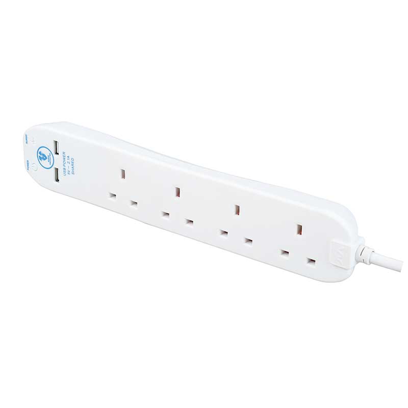 Masterplug 4 Way Surge Extension Lead with 2 USB Ports, 4M Cable