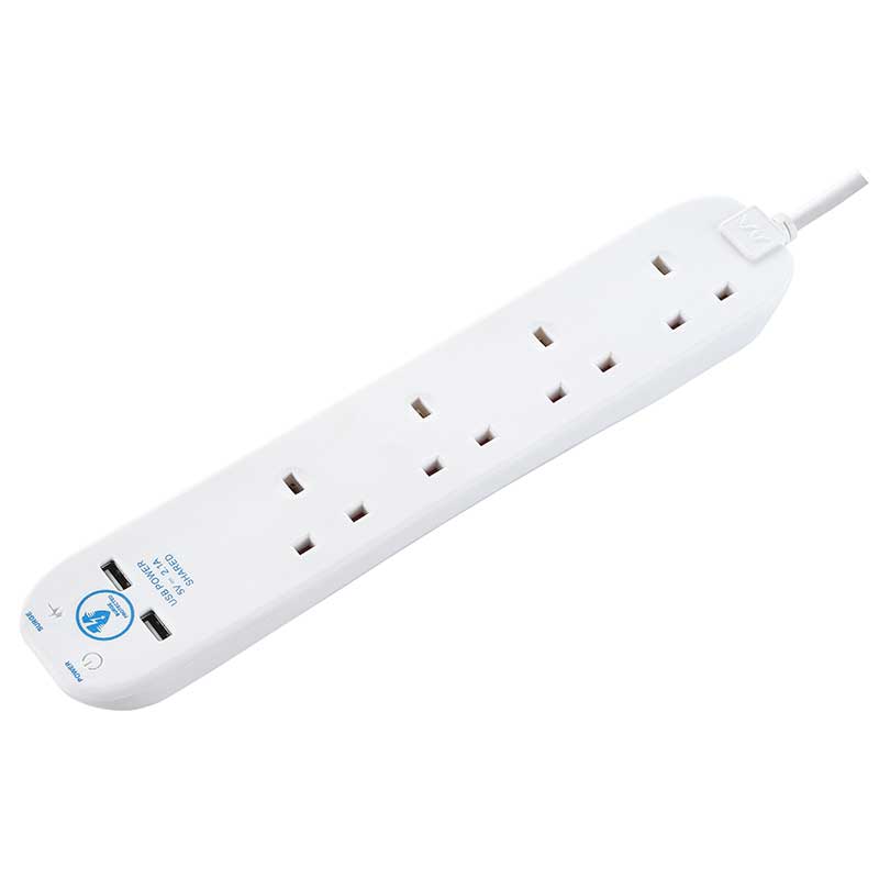 Masterplug 4 Way Surge Extension Lead with 2 USB Ports, 4M Cable