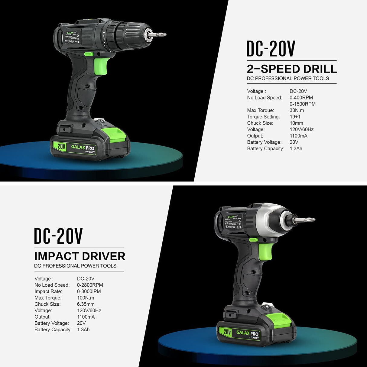 Galax Pro D6001 2-speeds Drill Driver and Impact Driver Combo Kit, 11pcs Accessories and Tool Bag
