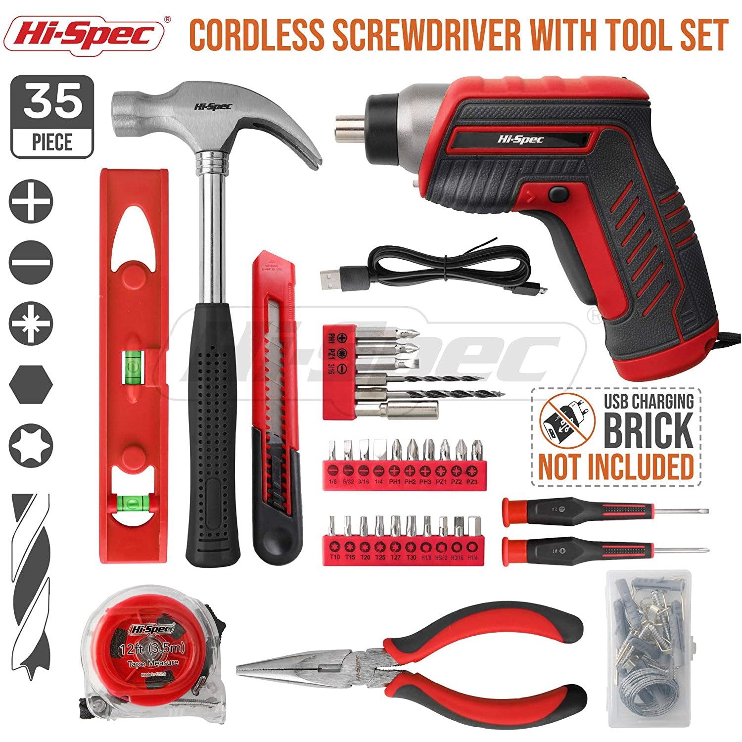 Hi Spec 35 Piece Red Home DIY Tool Kit